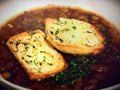 Smoked Onion Soup with Gruyere Croutons